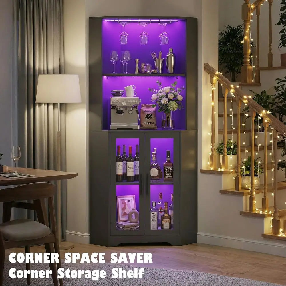 65 Tall LED-Illuminated Bar Cabinet with Glass Door & Holder for Liquor Storage in Home Dining or Kitchen