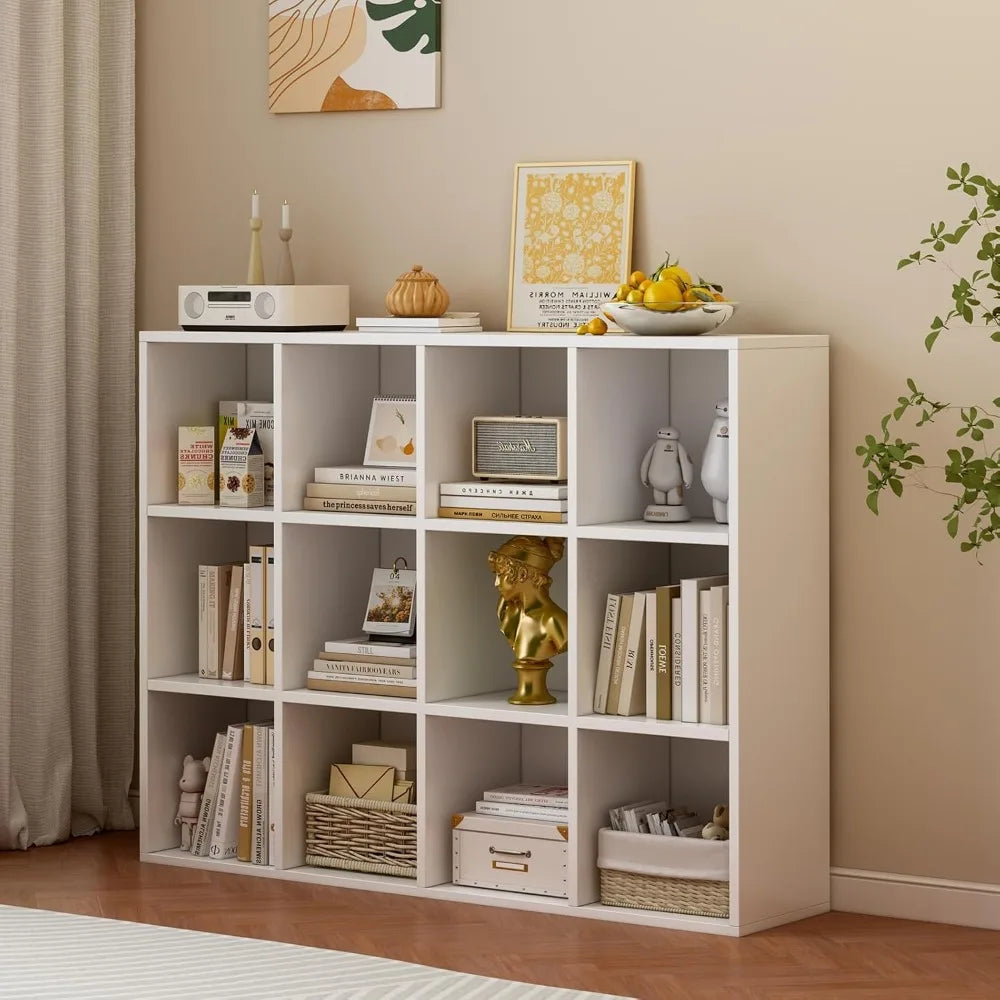 12-Cube Storage Shelf Bookcase - Wooden 3-Tier Floor Standing Open Bookshelf for Home Office Display Cabinet