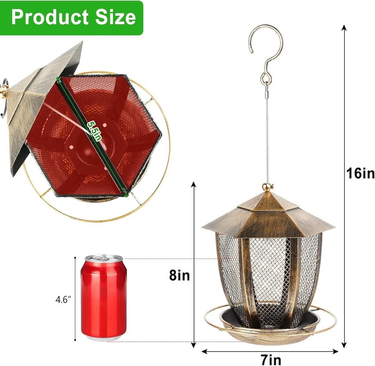 Hexagon Lantern Bird Feeder for Outside, Heavy Duty Metal Wild Bird Feeder Hanging for Garden Yard with 360° Feeding Port