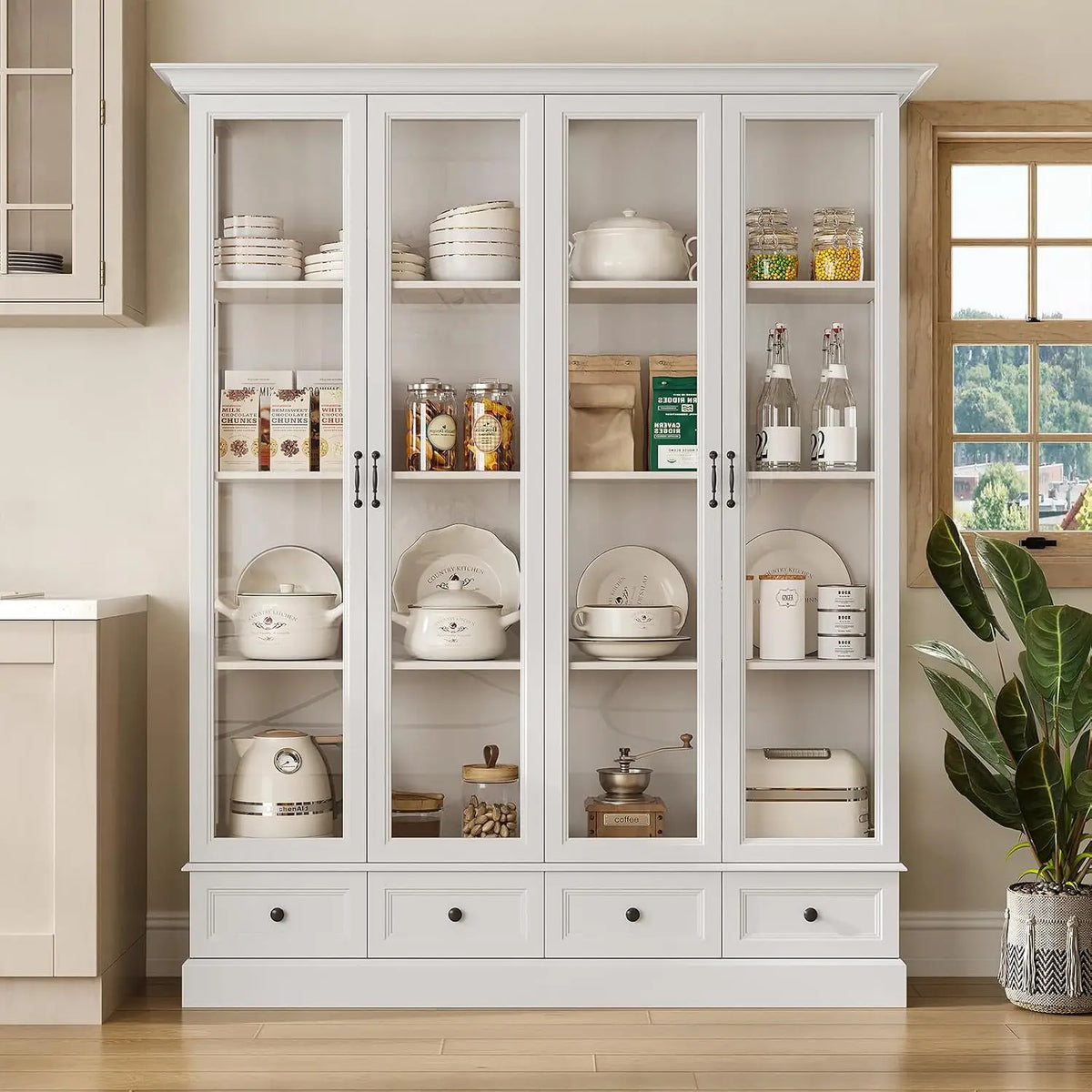 78" Large Storage Cabinet with Glass Doors, China Hutch, Farmhouse Kitchen Pantry, 4-Tier Display Cabinet with, Customized