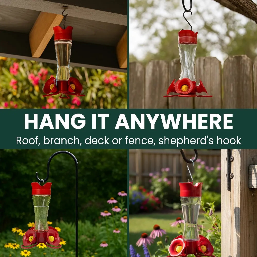 Red Glass Hummingbird Feeder with Pinch Waist Design 8 Ounces Capacity for Outdoor Garden Flower Nectar