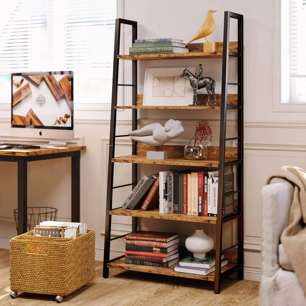 Industrial Bookshelves and Bookcases, Ladder Shelf 5 Tiers with Metal Frame for Living Room, Home Office, Rustics Brown