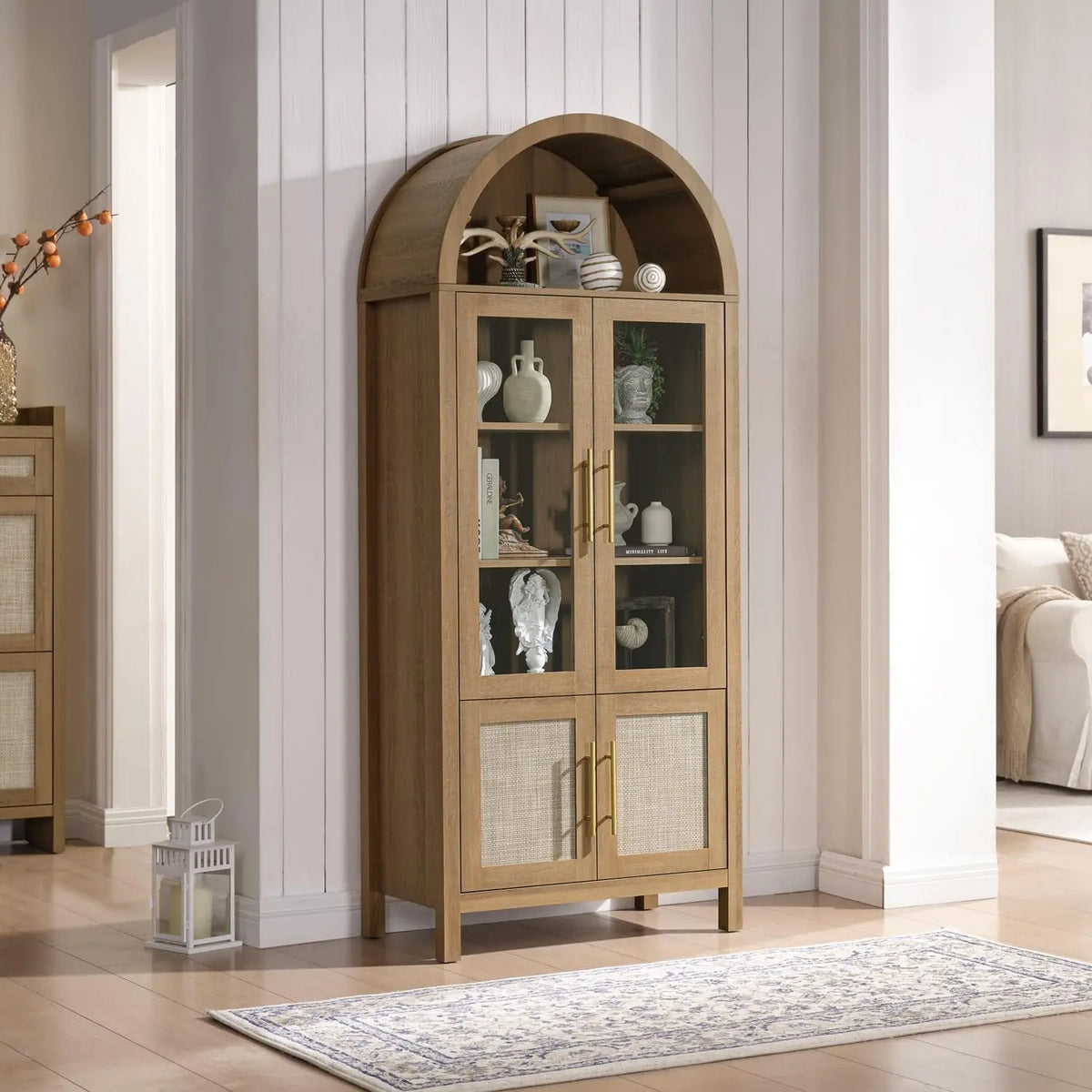 71" Tall Arched Display Cabinet, 5-Tier Bookshelf Modern Farmhouse Arched Bookcase with Glass Doors and Shelves,, Customized