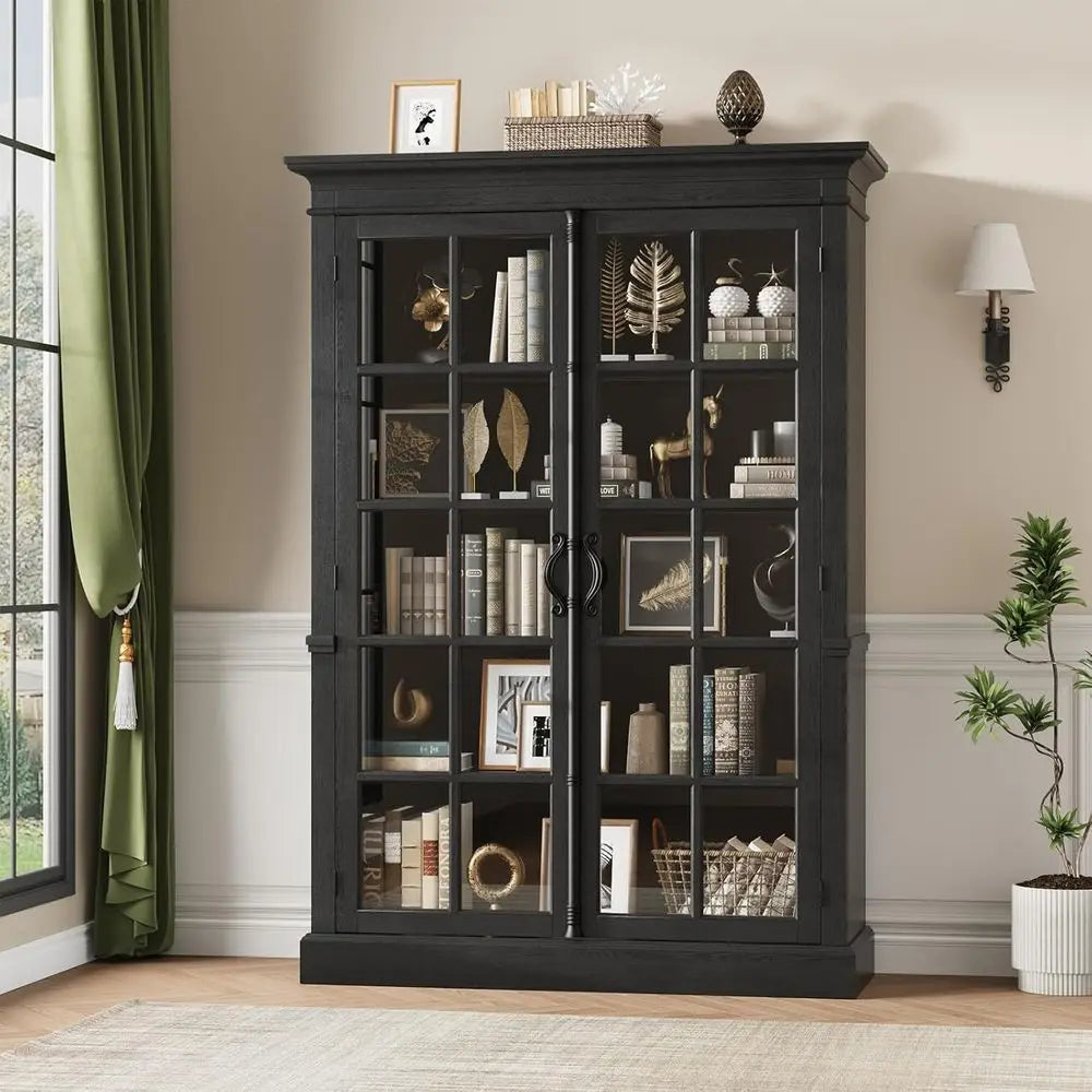 65 Tall Display Cabinet with Adjustable Shelves, 5-Tier Bookcase, Tempered Glass Door, Storage Cabinet for Home and Office, Blac
