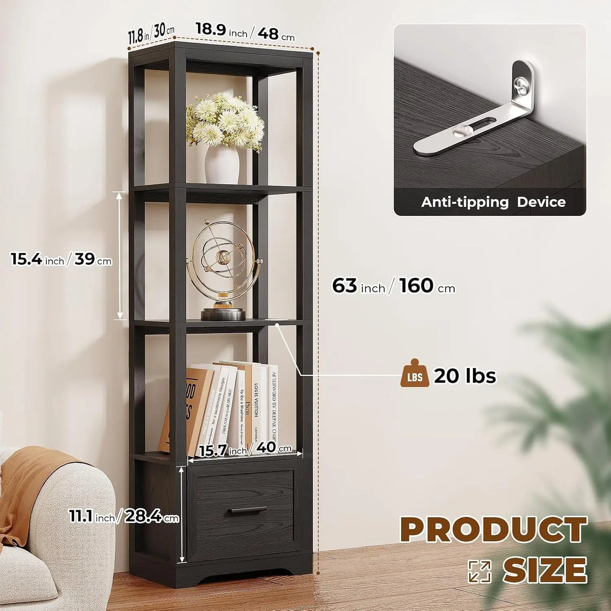 3-Color LED Display Shelf with Drawer, Dimmable Bookshelf for Collectibles, Books, Trophies, Black