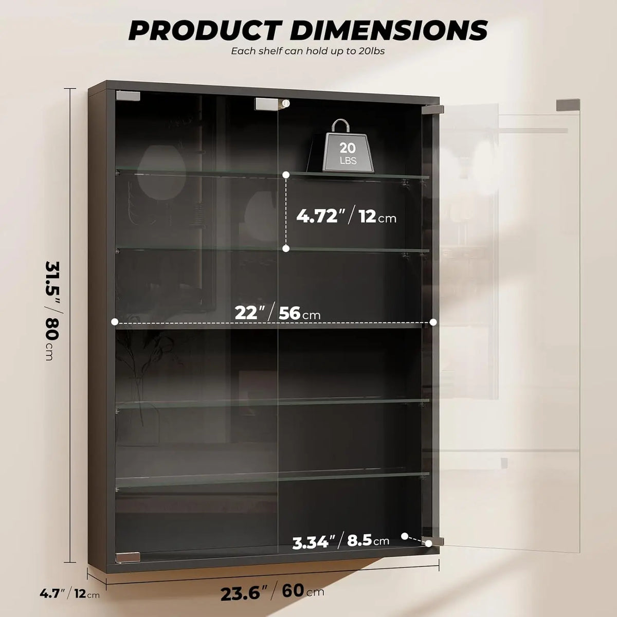 6-Tier Wall Display Case with Glass Doors and LED Lights for Sports Cards, Collectibles, Black