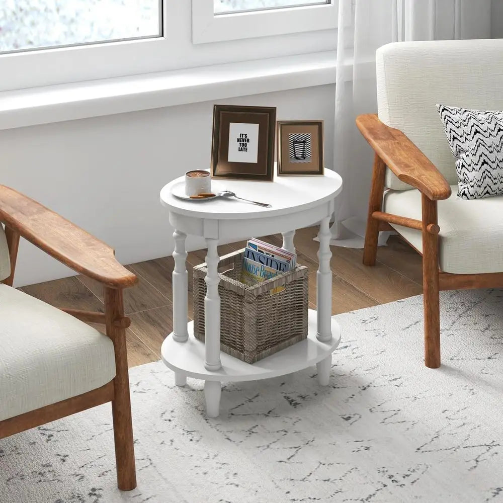 2-Piece Oval End Tables Set, 2-Tier Storage Side Tables with Solid Wood Legs, Modern Living Room Accent Furniture, Nightstand fo