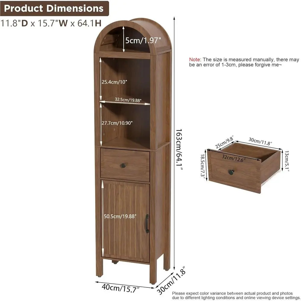 64 Walnut Tall Narrow Bathroom Storage Cabinet with Adjustable Shelves and Arched Design