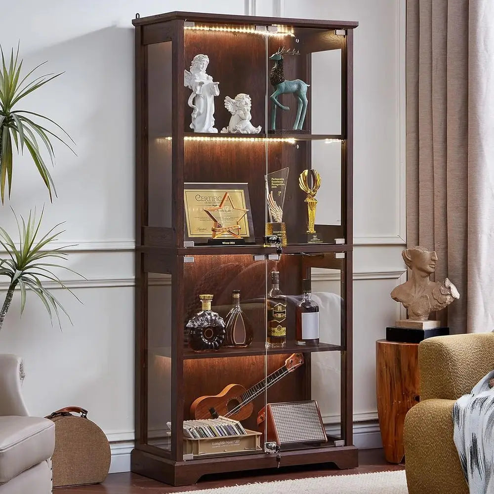 Walnut Glass Display Cabinet with 3-Color LED Motion-Sensor Light
