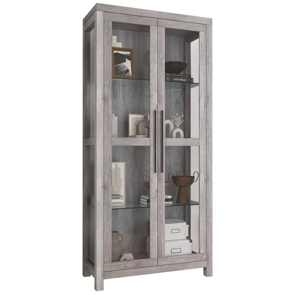 Glass Display Cabinet, Tall Curio Cabinet with Tempered Glass Doors for Living Room, Trophy Display Case Avalon Gray Wash