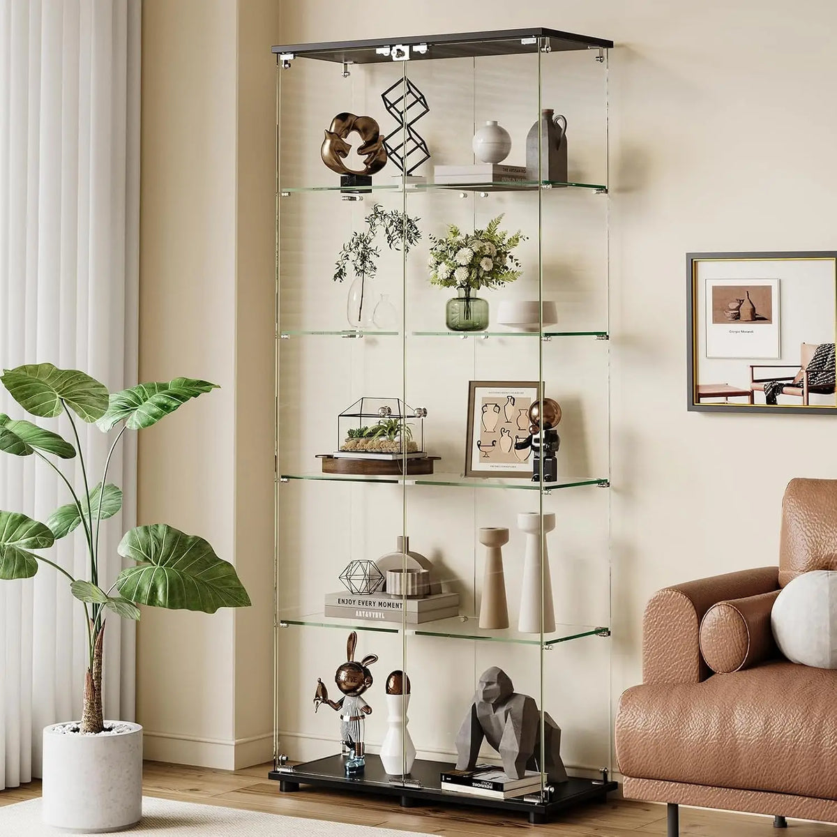 Glass Display Cabinet with 5 Shelves, Double Doors, Floor Standing Display Cage, for Living Room Bedroom Office,, Customized