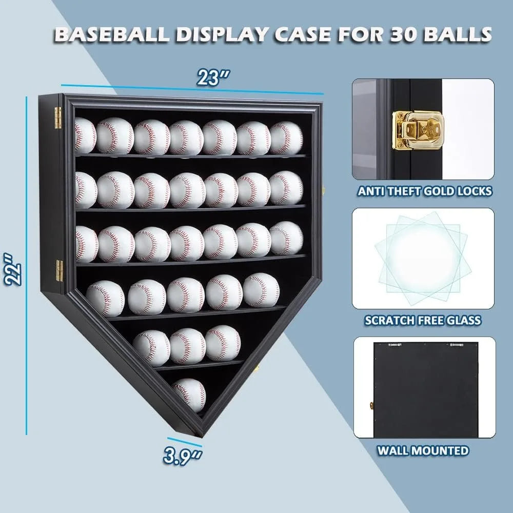 Baseball Display Frame Case Shadow Box Wall Cabinet Holds 30 Balls Lockable UV Protection Acrylic Door for Collector Autograph Balls