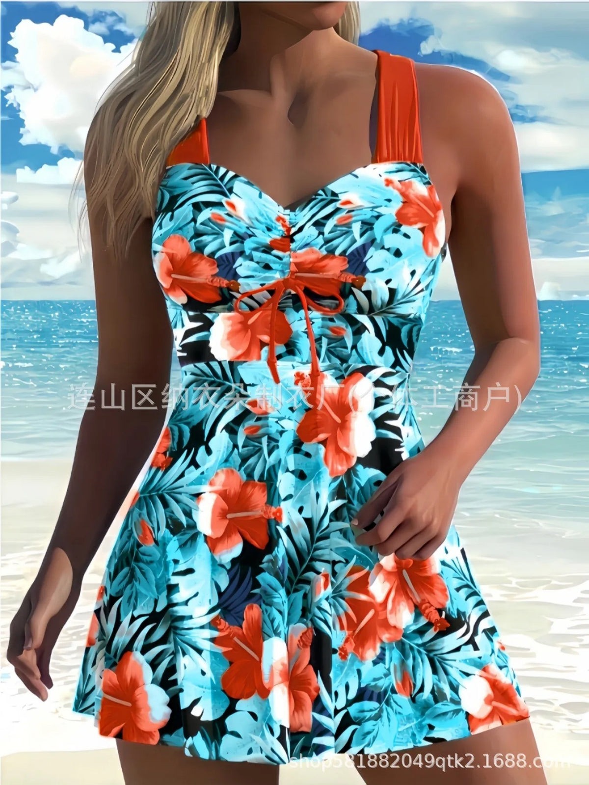 Woman Tankini Floral Print Sleeveless Tankini Top High Waist Bikini Set Halter Strap Two Piece Swimsuit Turquoise Solid Stretchy