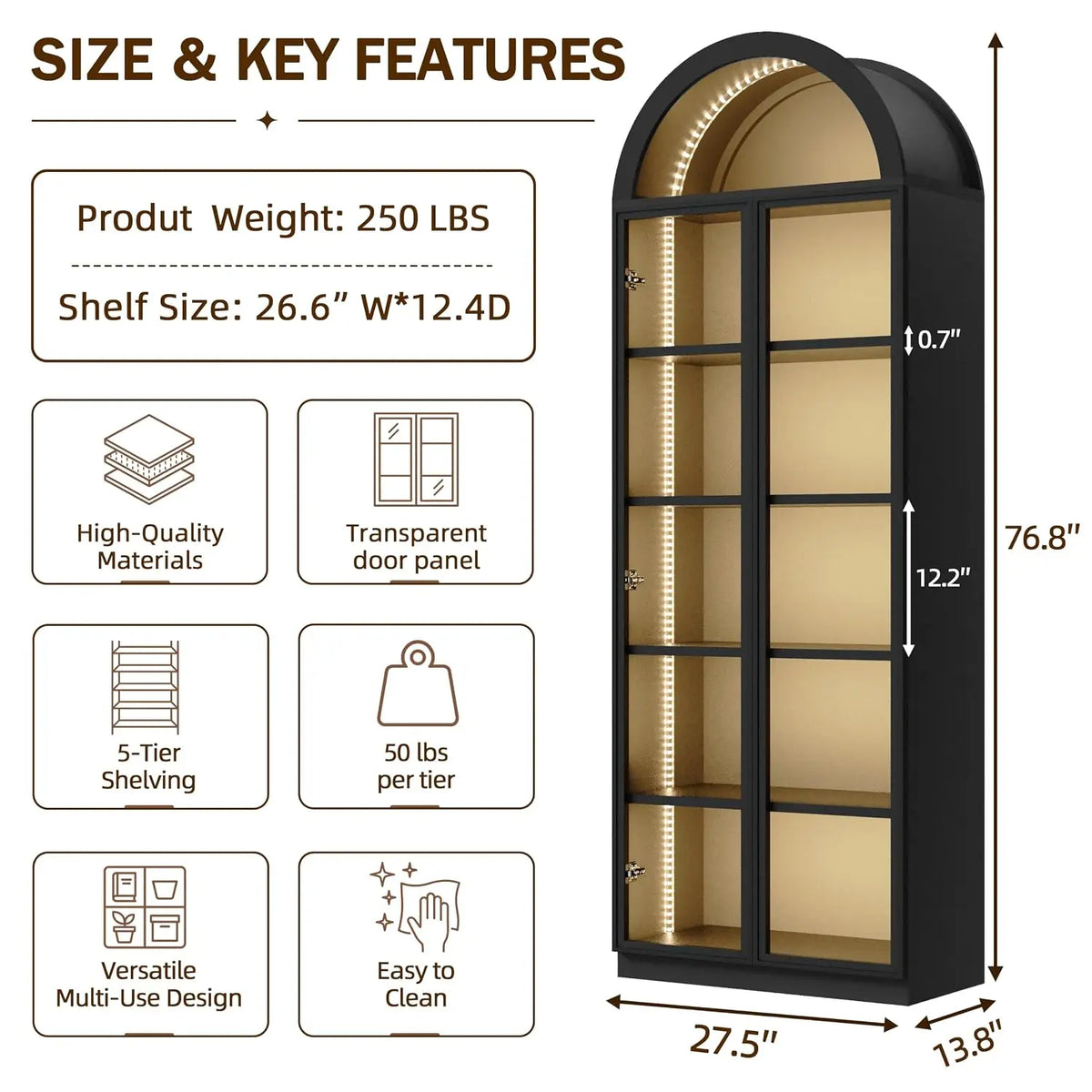 Wooden Curio Cabinet with Acrylic Glass Door,77" Tall Arch Display Cabinet & Perfume Organizer with LED, Customized