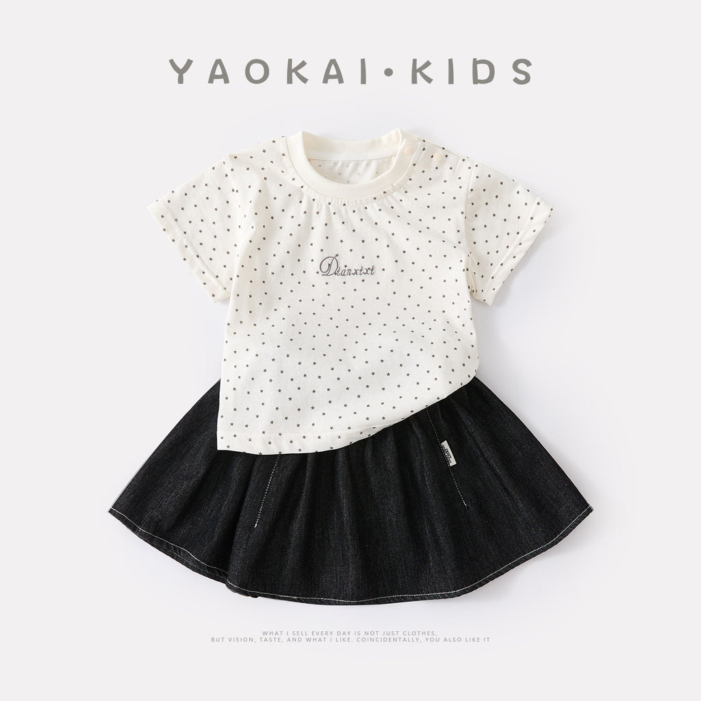 Print Star Short Sleeve Baby Girl Summer Casual Stylish Denim Skirt