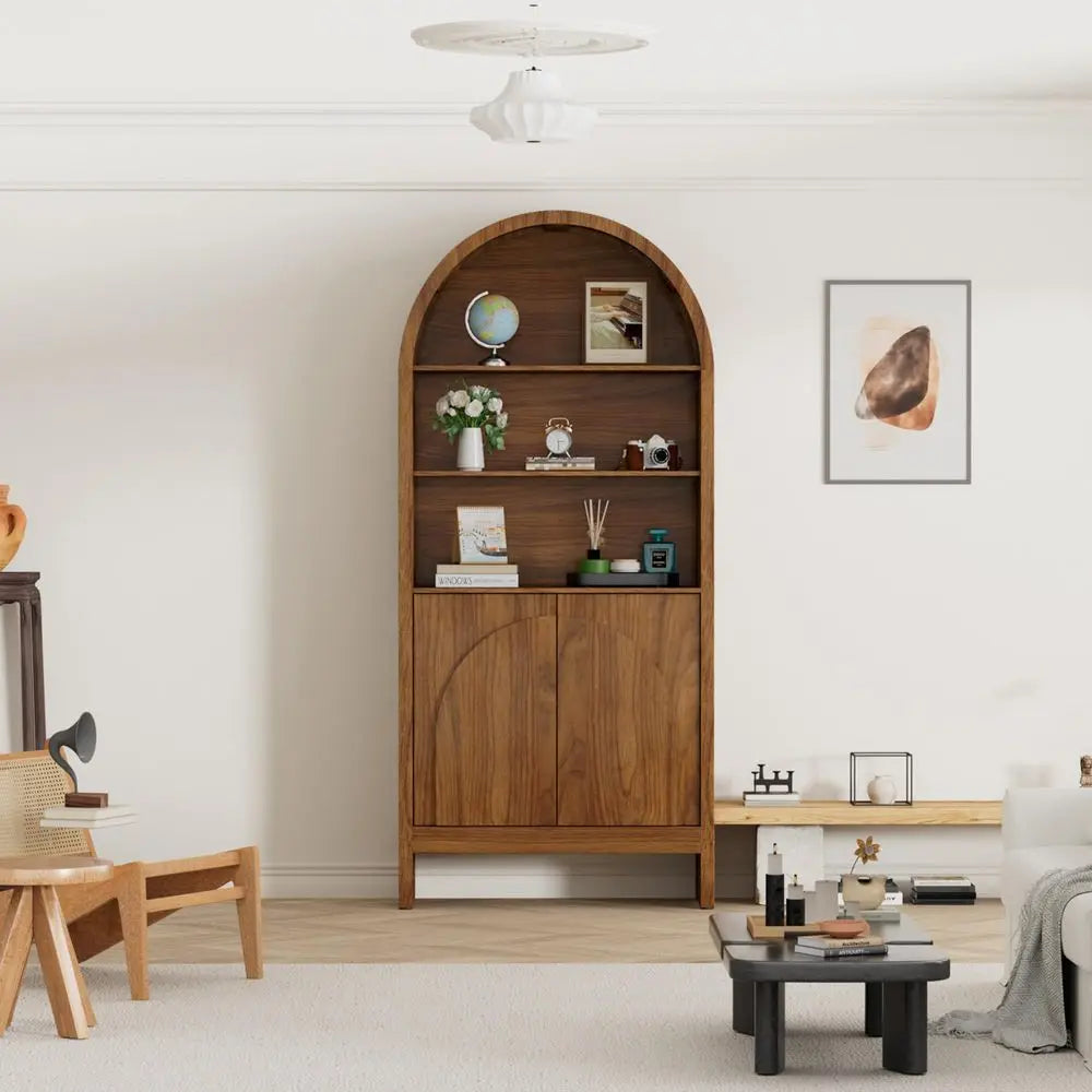 Century Arched Display Cabinet with Doors, 5 Tier Tall Display Case, 71 Inch Storage Cabinet, Large Arch Bookcase, Wooden 5 She