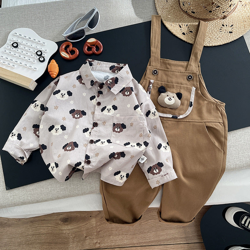 Baby and children's long sleeved shirt and overalls two-piece set