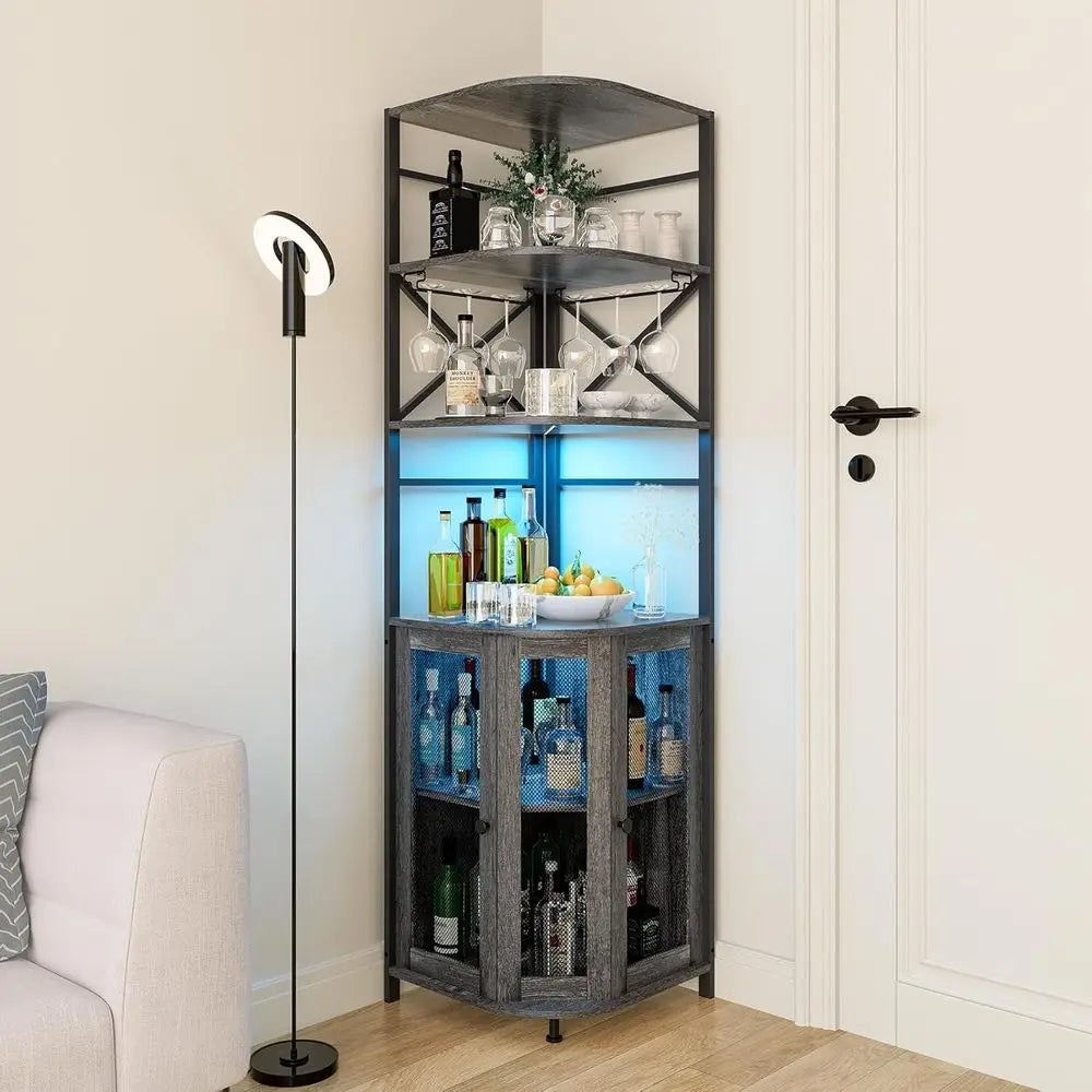 6-Tier Wine Bar Cabinet with LED Lighting, Power Outlet, and Glass Holder