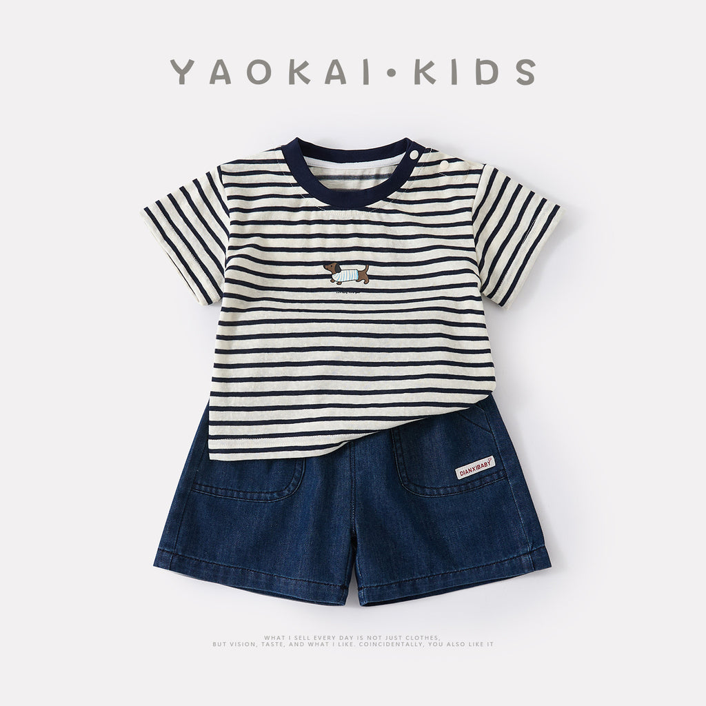 Lightweight Casual Cartoon Dog Stripe Short Sleeve T-Shirt with Stylish Versatile Denim Shorts