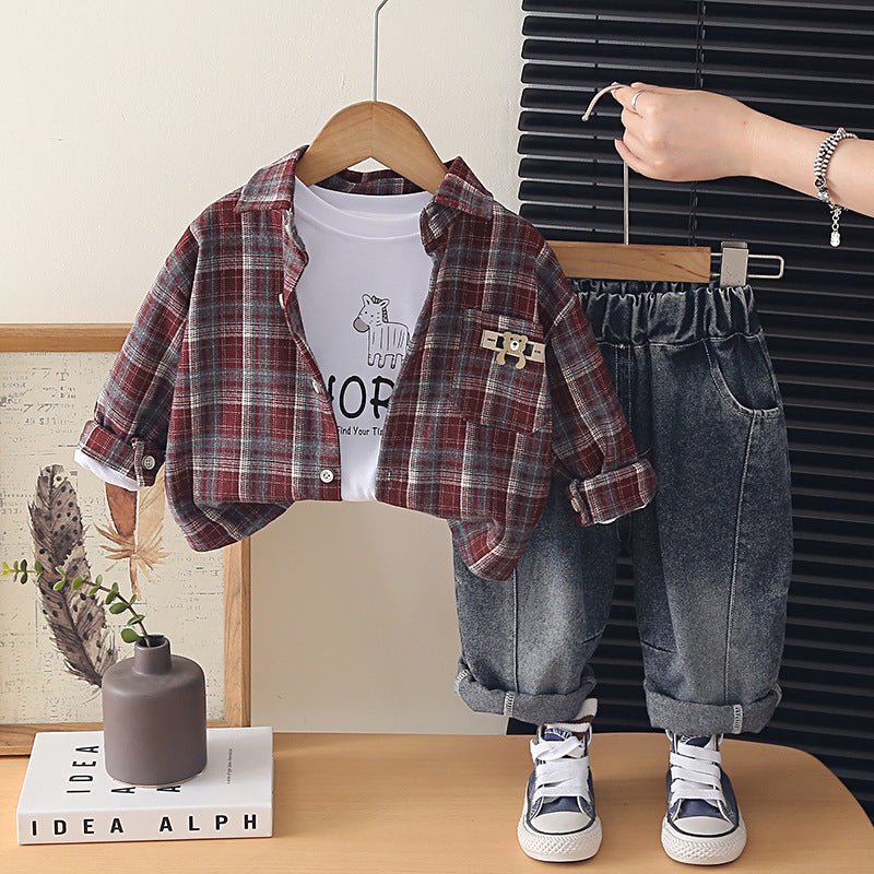 Three piece casual children's autumn checkered shirt set