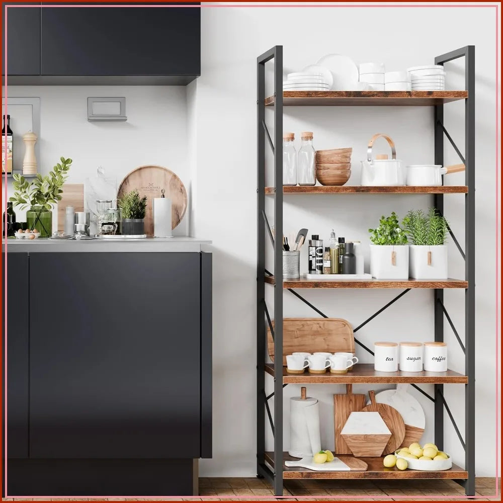 5-Tier Bookshelf, Tall Industrial Book Rack, Modern Book Holder for Living Room, Home Office, Storage Shelves