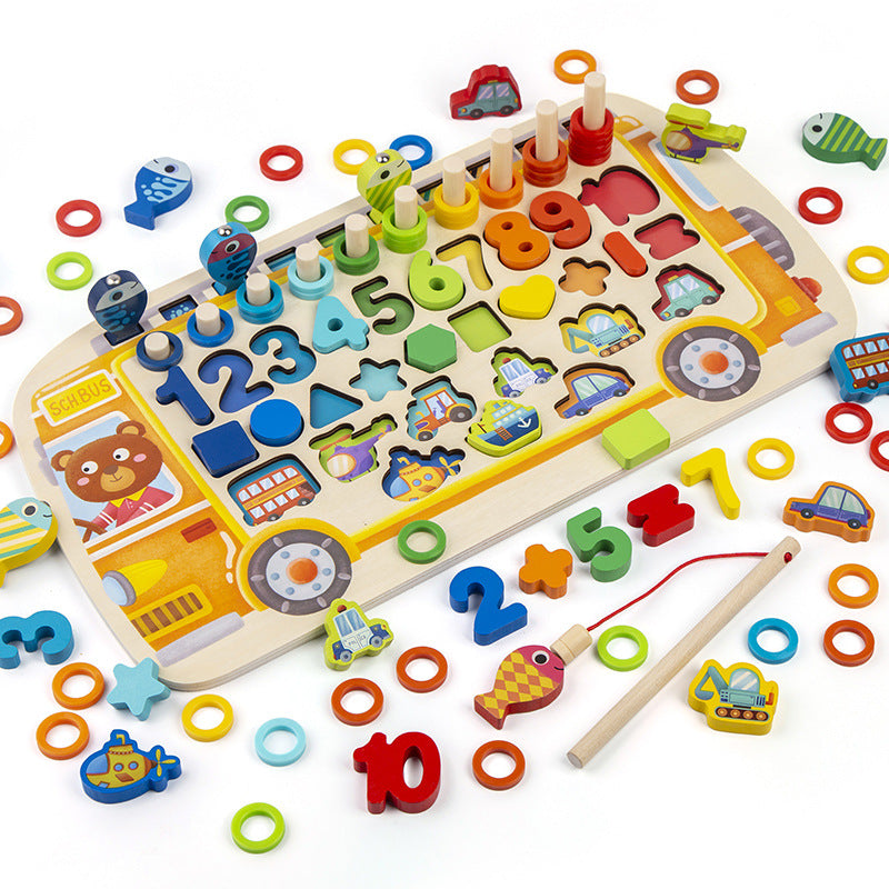 Busy School Bus Bus Logarithmic Board Children's Educational Toys Digital Shape Fishing Operation Building Blocks Early Education Development
