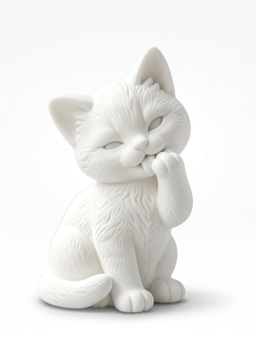 3D printed white cat figurine licking its paw on a wooden surface