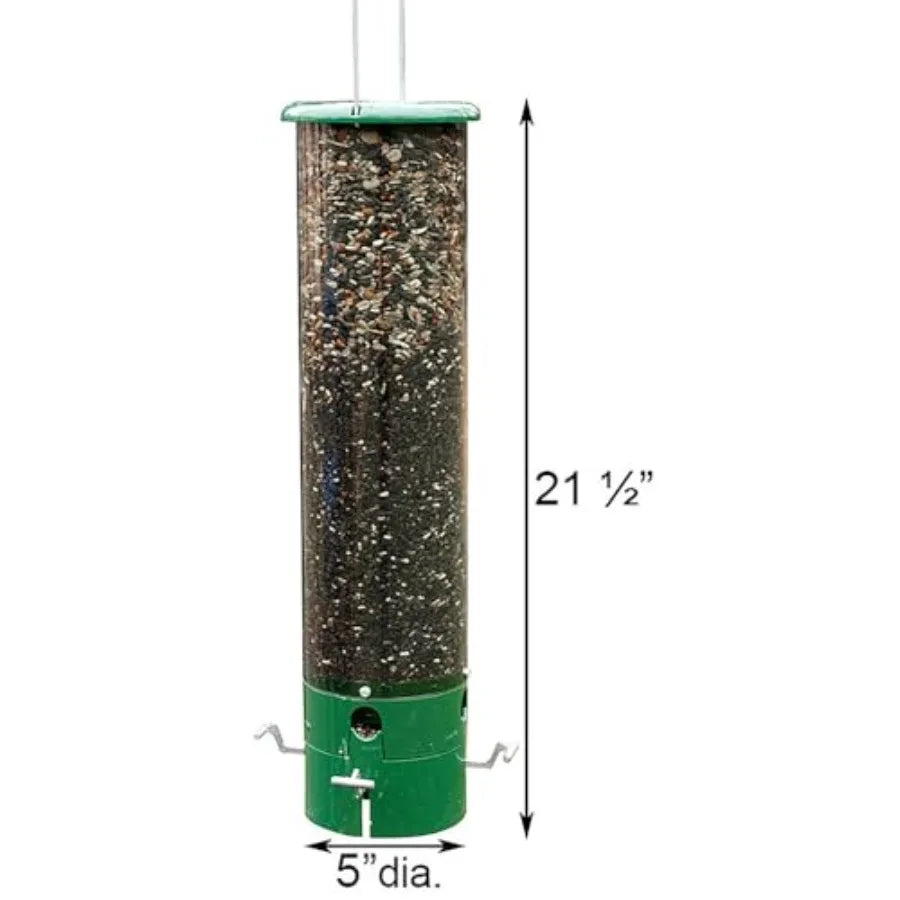Outdoor squirrel-proof bird feeders with green tube design, durable plastic construction, weight-sensitive perches, 5 qt capaci