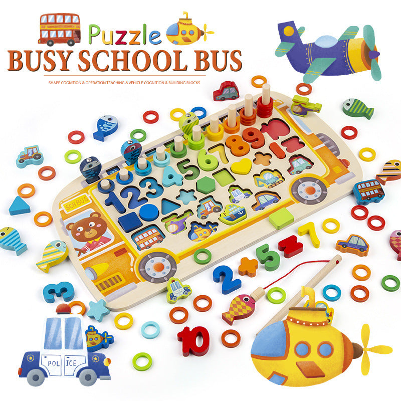 Busy School Bus Bus Logarithmic Board Children's Educational Toys Digital Shape Fishing Operation Building Blocks Early Education Development