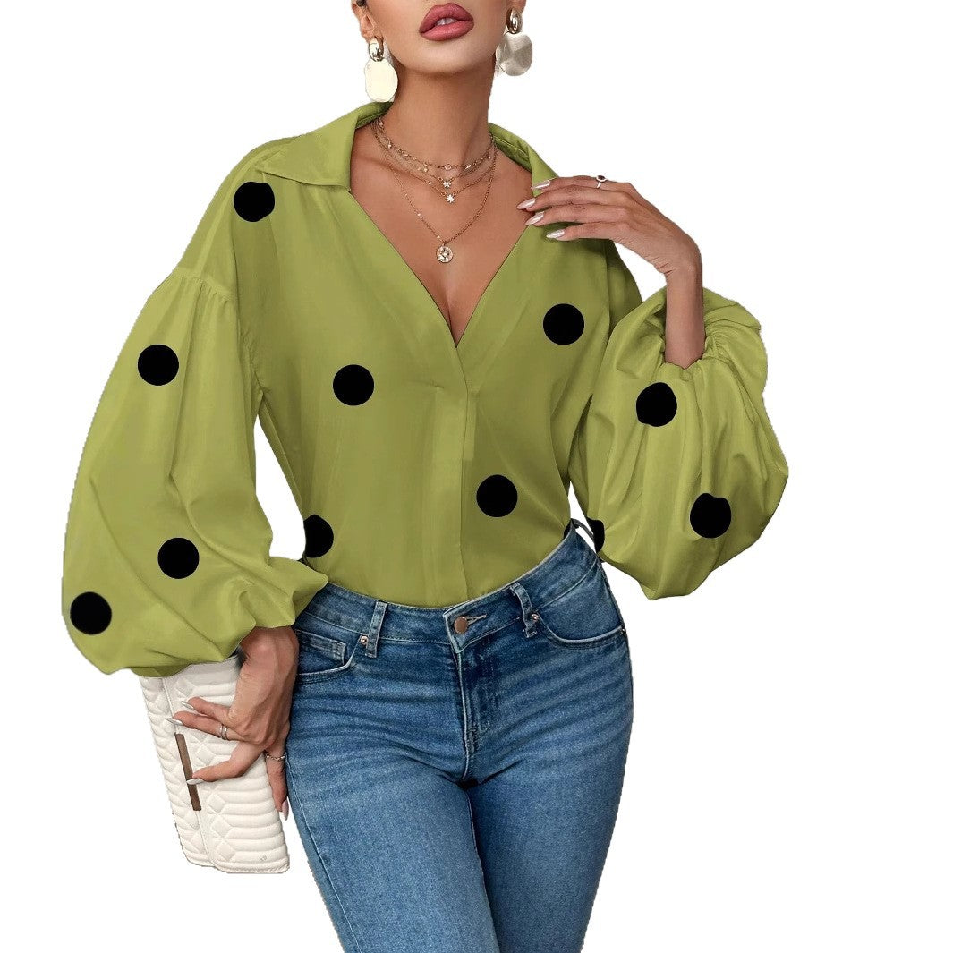 Polka Dot Half-Open Neck Loose Bubble Sleeve Long Sleeve Top