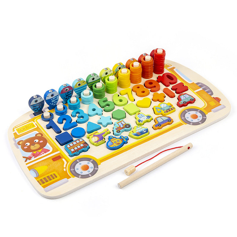 Busy School Bus Bus Logarithmic Board Children's Educational Toys Digital Shape Fishing Operation Building Blocks Early Education Development