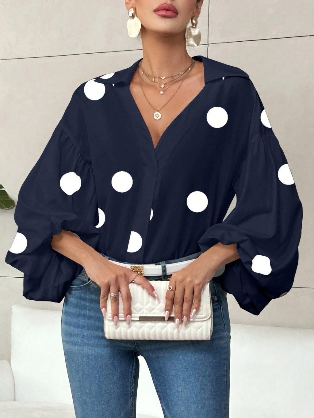 Polka Dot Half-Open Neck Loose Bubble Sleeve Long Sleeve Top