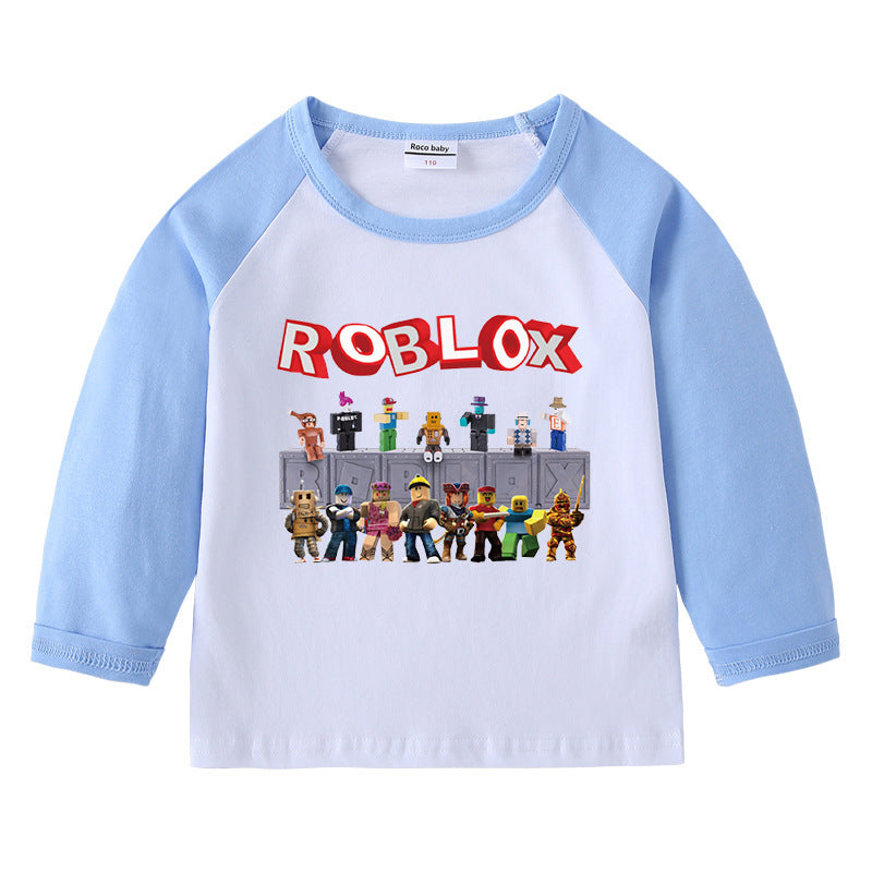 Children's pure cotton shoulder T-shirt with round neck and long sleeves