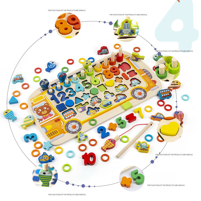Busy School Bus Bus Logarithmic Board Children's Educational Toys Digital Shape Fishing Operation Building Blocks Early Education Development