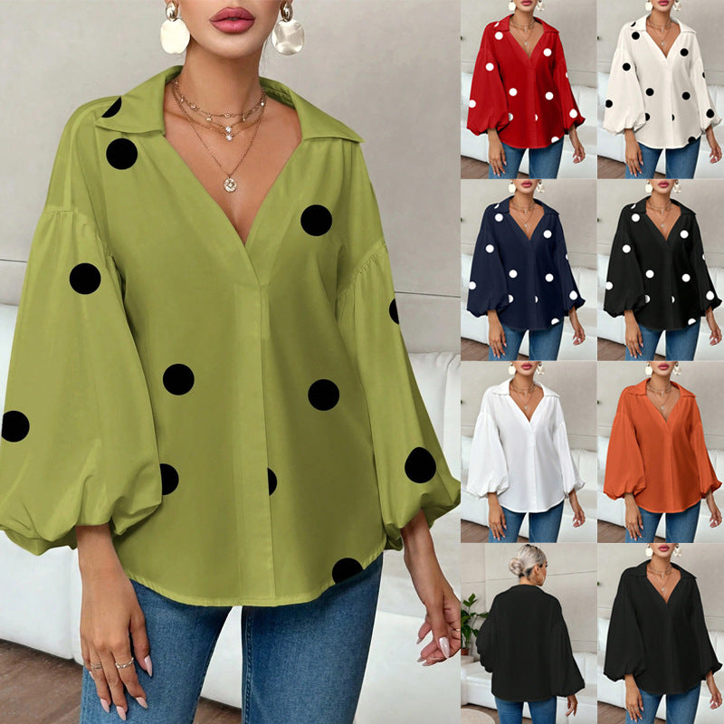 Polka Dot Half-Open Neck Loose Bubble Sleeve Long Sleeve Top