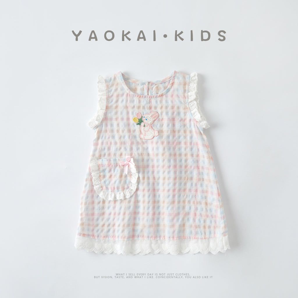Toddler Plaid Cotton Dress Baby Rabbit Strap Dress for Toddlers Trendy Kids Dress