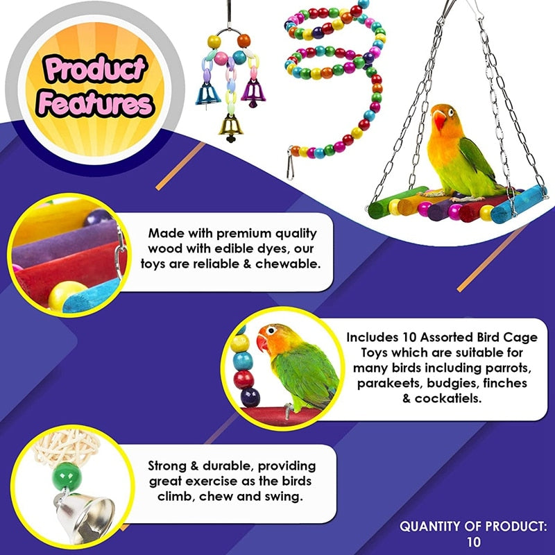 10 Pack Bird Cage Toys for Parrots Reliable & Chewable - Swing Hanging Chewing Bite Bridge Wooden Beads Ball Bell Toys (in stock