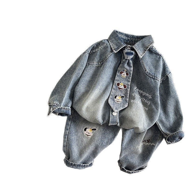 Autumn tie denim long sleeved two-piece set