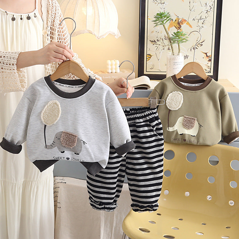 Cartoon long sleeved hoodie two-piece set for children's autumn clothing
