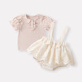 Cute Baby  Romper Set with Peter Pan Collar Short Sleeve Overalls Two-Piece Outfit