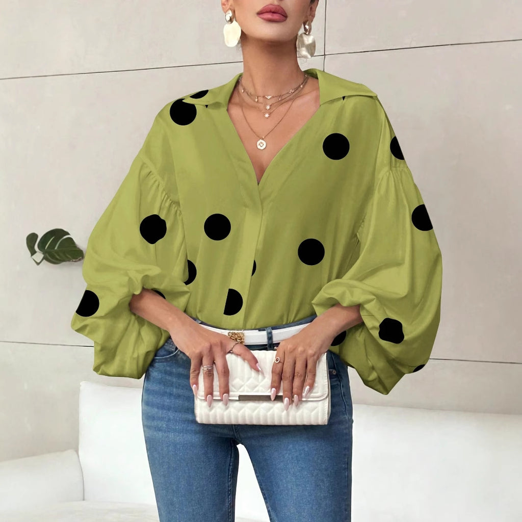 Polka Dot Half-Open Neck Loose Bubble Sleeve Long Sleeve Top
