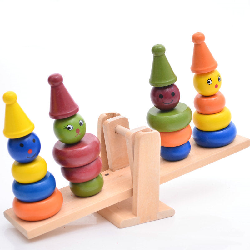 Montessori teaching AIDS children wooden rainbow tower balance toys, children clown balance blocks wood toys