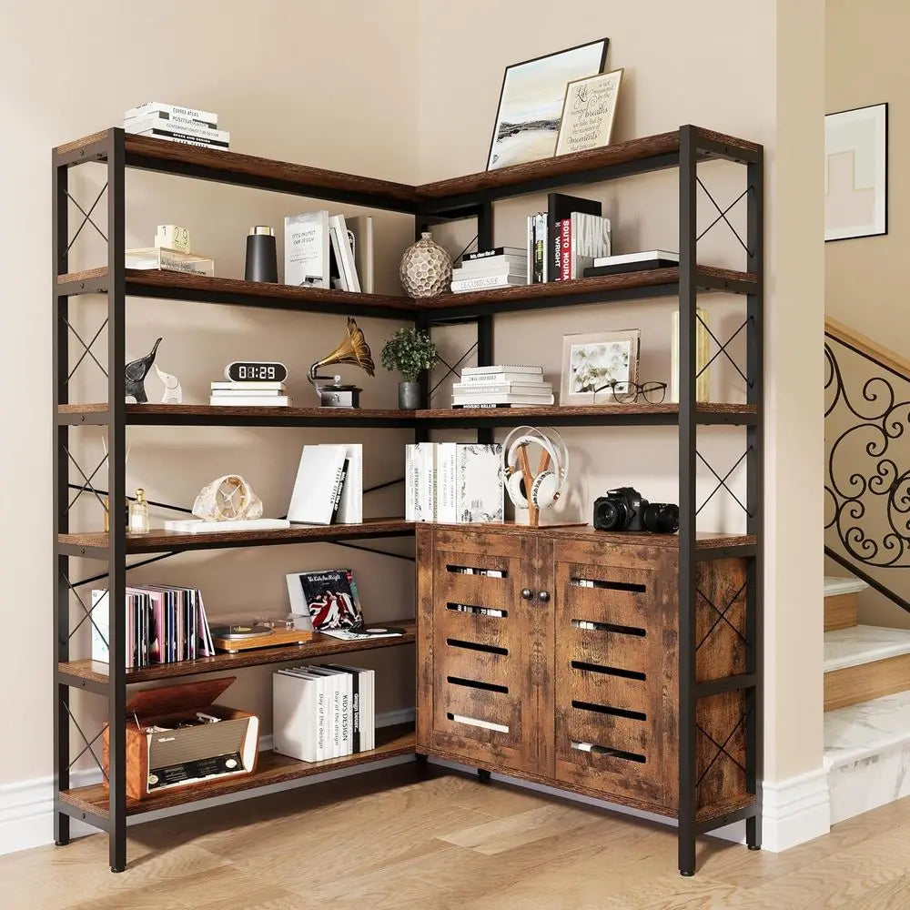 Vintage Industrial Style Large Metal and Wood Bookshelf with Open Storage Cabinet (Brown)