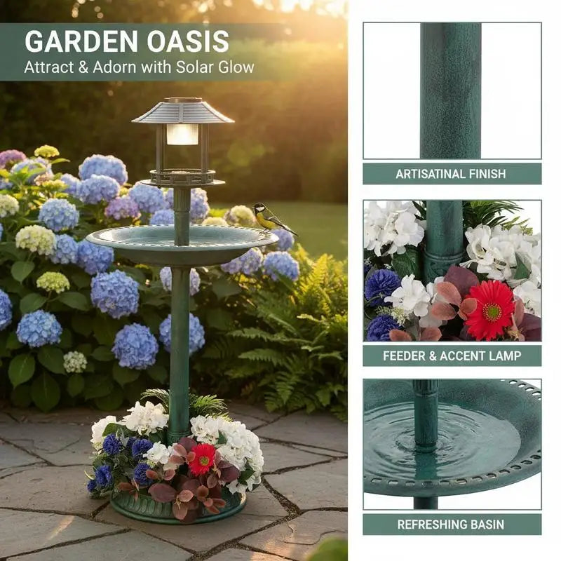 Pedestal Bird Bath with Solar Light with Bird Feeder and Flower Planter-Green