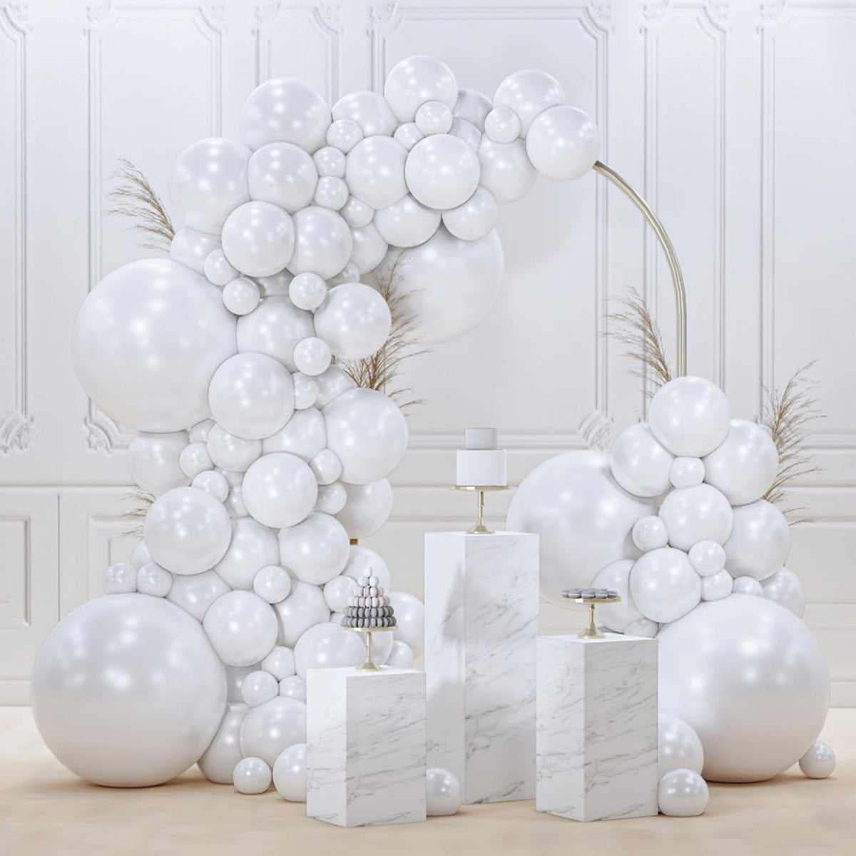 PartyWoo Pearl White Balloons 140pcs Metallic White Color Different Sizes