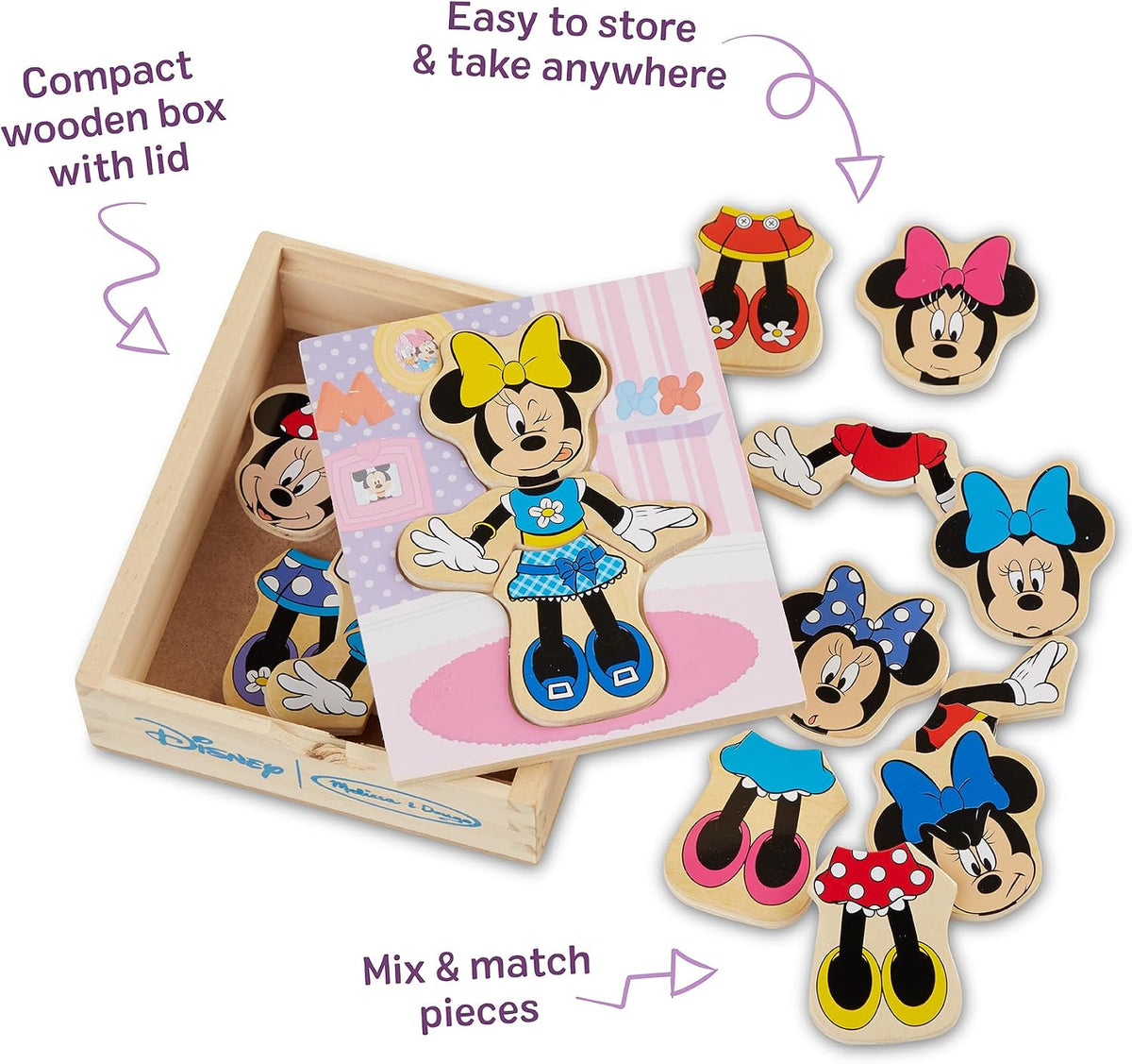 Melissa & Doug Disney Minnie Mouse Dress-Up Puzzle, 18 Pieces Mix and Match Outfits, Sorting & Matching Toy with Storage Case, Educational Puzzle for Toddlers Ages 3+