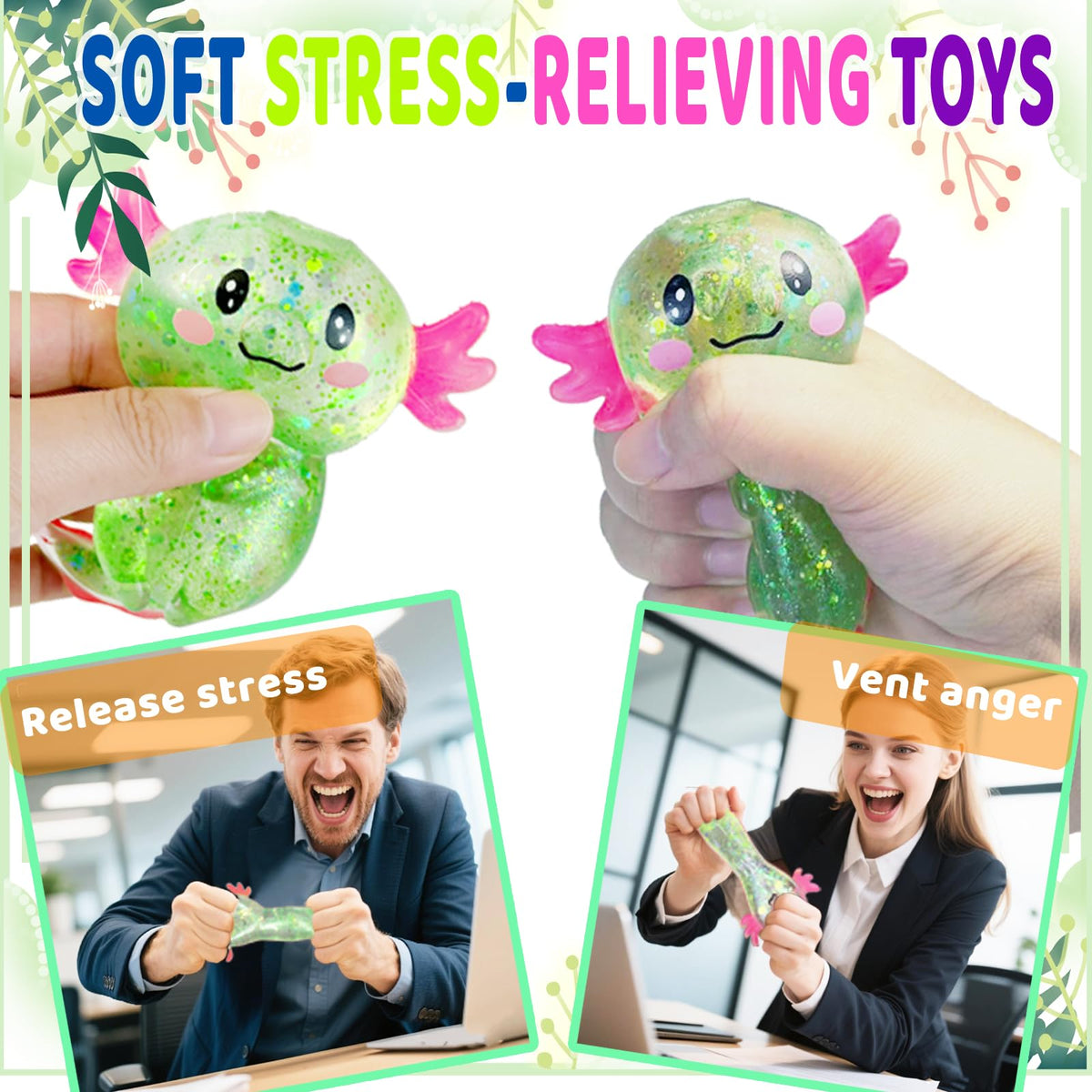 4pcs Axolotl Squishy Stress Relief Toy Glitter Fidget Toys Cute Malt Sugar Axolotl Toy Fidget Toys for Kids Youth Adult, Party Favors Anxiety Relief Squishy Toys(4pcs)