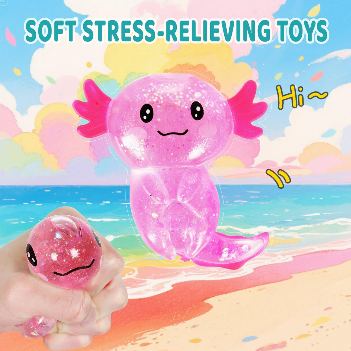 4pcs Axolotl Squishy Stress Relief Toy Glitter Fidget Toys Cute Malt Sugar Axolotl Toy Fidget Toys for Kids Youth Adult, Party Favors Anxiety Relief Squishy Toys(4pcs)