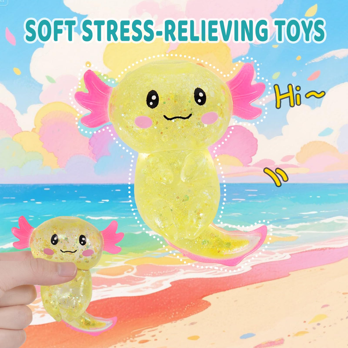 4pcs Axolotl Squishy Stress Relief Toy Glitter Fidget Toys Cute Malt Sugar Axolotl Toy Fidget Toys for Kids Youth Adult, Party Favors Anxiety Relief Squishy Toys(4pcs)