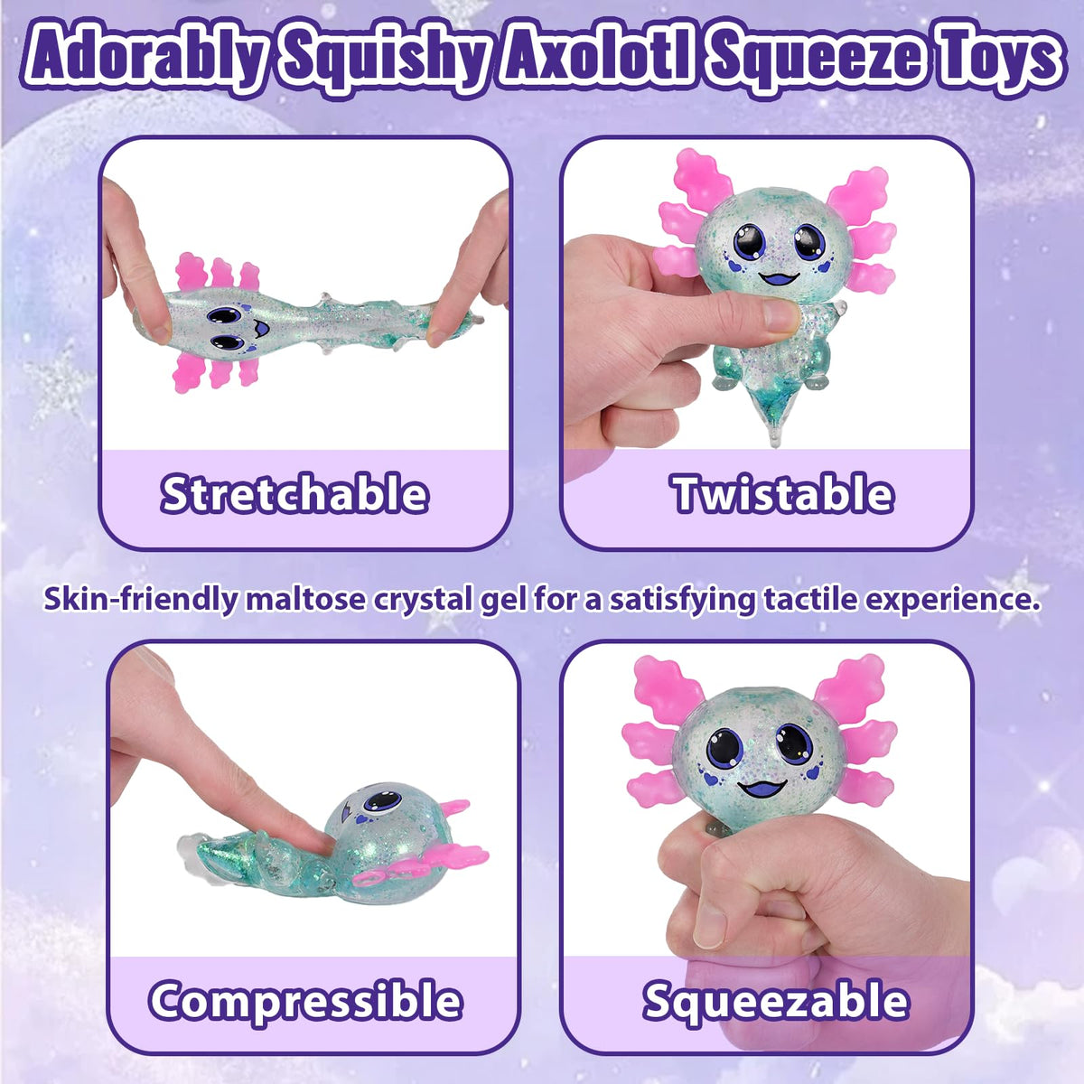 4pcs Axolotl Squishy Stress Relief Toy Glitter Fidget Toys Cute Malt Sugar Axolotl Toy Fidget Toys for Kids Youth Adult, Party Favors Anxiety Relief Squishy Toys(4pcs)